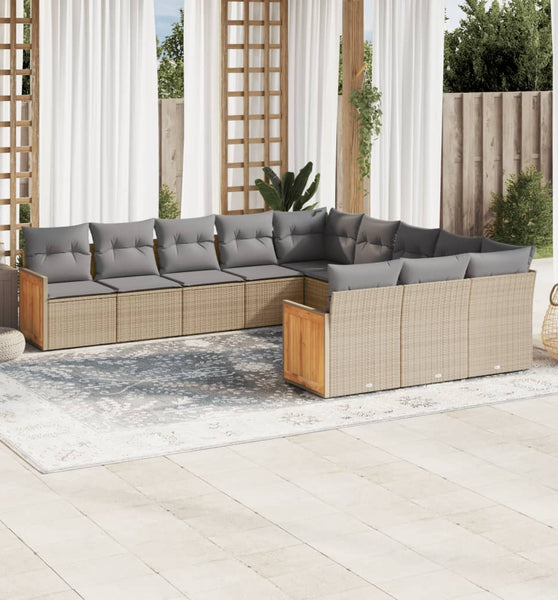 11-tlg. Garten-Sofagarnitur mit Kissen Beige Poly Rattan