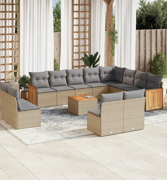13-tlg. Garten-Sofagarnitur mit Kissen Beige Poly Rattan