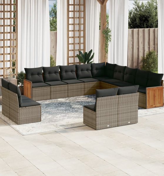 13-tlg. Garten-Sofagarnitur mit Kissen Grau Poly Rattan