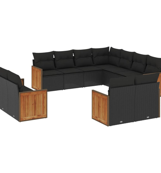 11-tlg. Garten-Sofagarnitur mit Kissen Schwarz Poly Rattan
