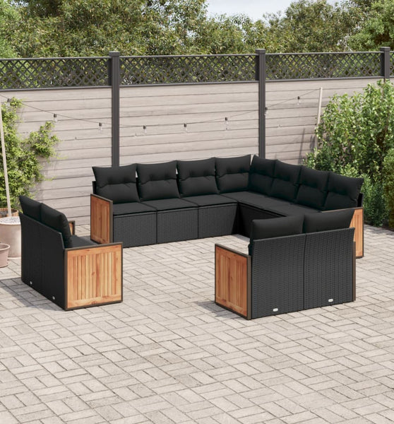 11-tlg. Garten-Sofagarnitur mit Kissen Schwarz Poly Rattan