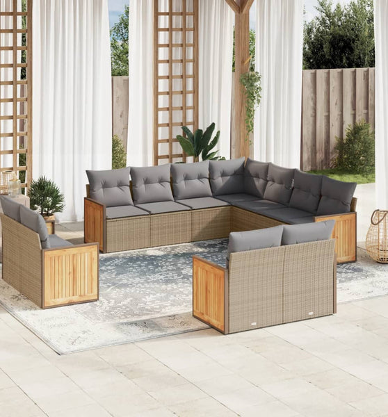 11-tlg. Garten-Sofagarnitur mit Kissen Beige Poly Rattan