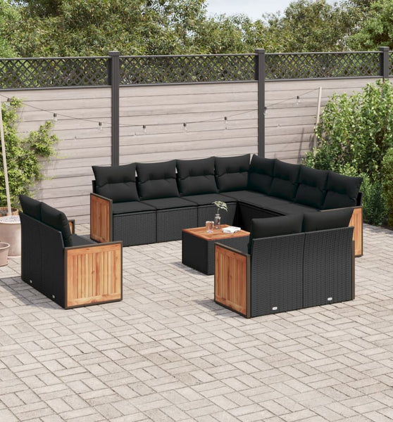 12-tlg. Garten-Sofagarnitur mit Kissen Schwarz Poly Rattan