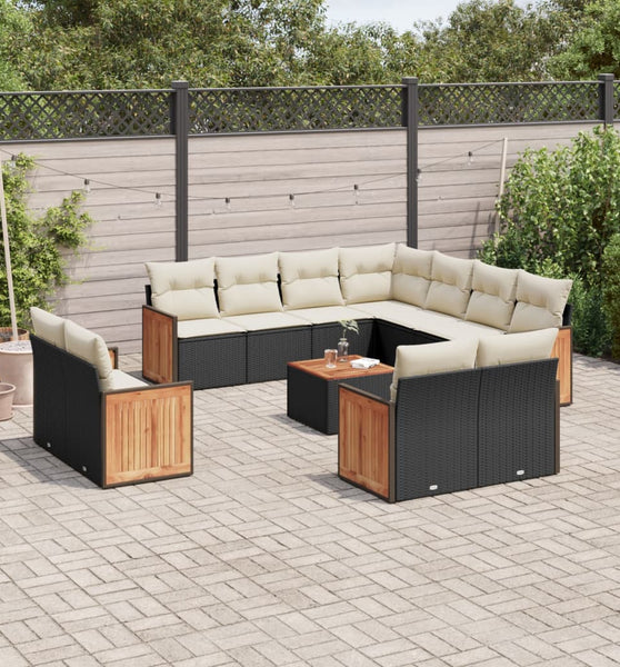12-tlg. Garten-Sofagarnitur mit Kissen Schwarz Poly Rattan
