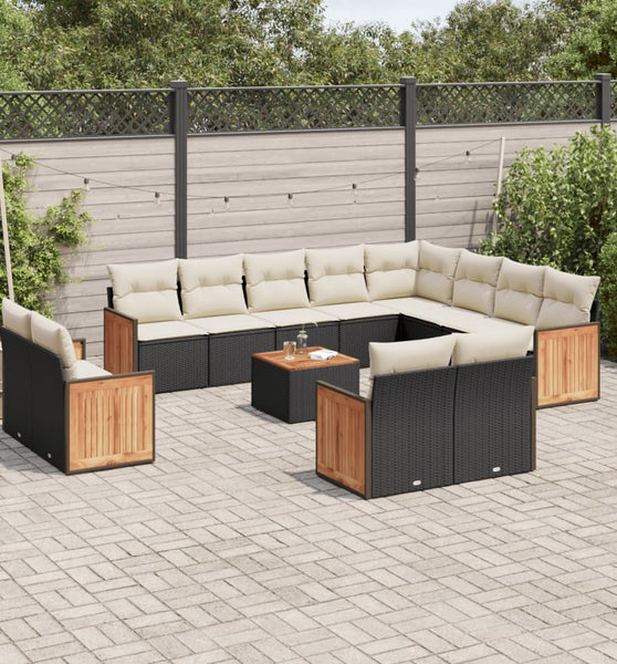 13-tlg. Garten-Sofagarnitur mit Kissen Schwarz Poly Rattan