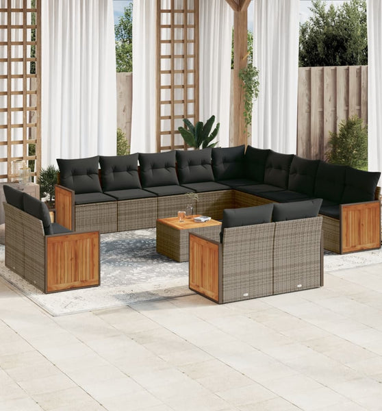 14-tlg. Garten-Sofagarnitur mit Kissen Grau Poly Rattan