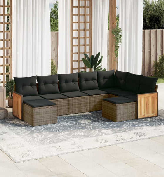 9-tlg. Garten-Sofagarnitur mit Kissen Grau Poly Rattan