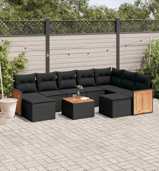 10-tlg. Garten-Sofagarnitur mit Kissen Schwarz Poly Rattan