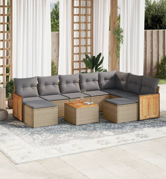 10-tlg. Garten-Sofagarnitur mit Kissen Beige Poly Rattan