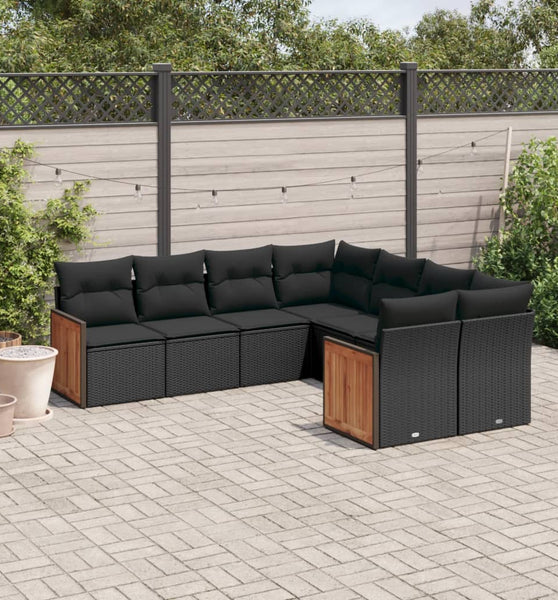 8-tlg. Garten-Sofagarnitur mit Kissen Schwarz Poly Rattan