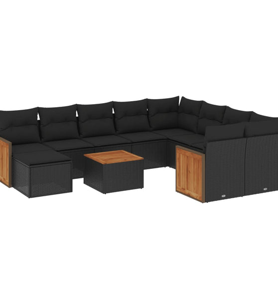 11-tlg. Garten-Sofagarnitur mit Kissen Schwarz Poly Rattan
