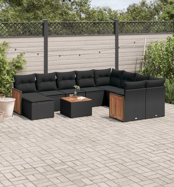 11-tlg. Garten-Sofagarnitur mit Kissen Schwarz Poly Rattan