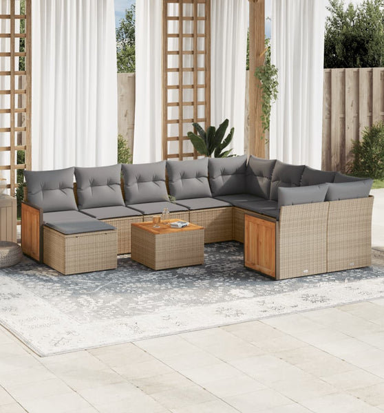 11-tlg. Garten-Sofagarnitur mit Kissen Beige Poly Rattan