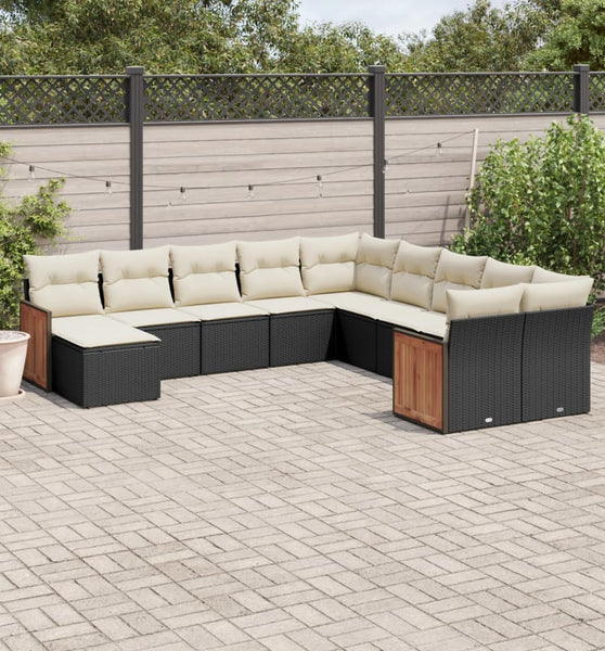 11-tlg. Garten-Sofagarnitur mit Kissen Schwarz Poly Rattan