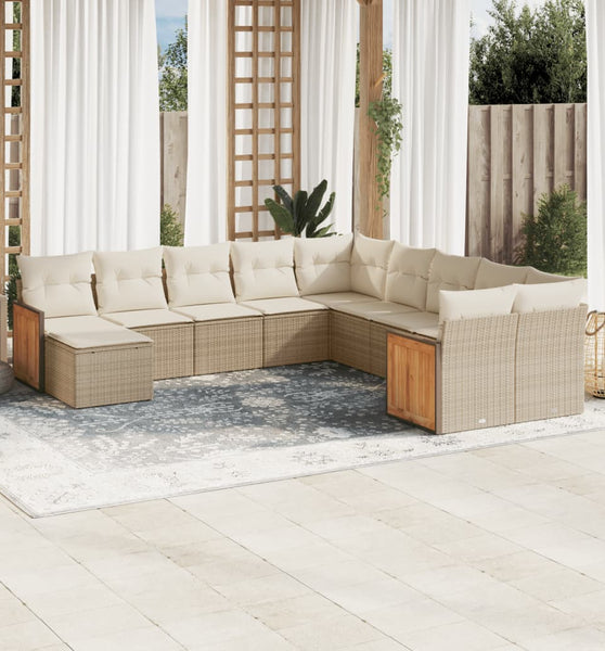 11-tlg. Garten-Sofagarnitur mit Kissen Beige Poly Rattan