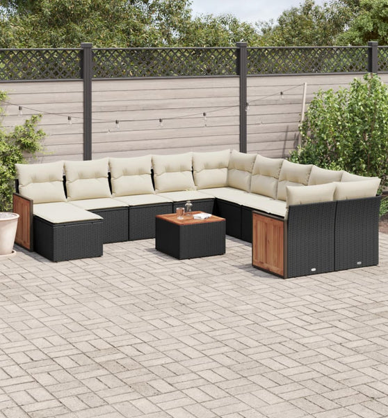 12-tlg. Garten-Sofagarnitur mit Kissen Schwarz Poly Rattan