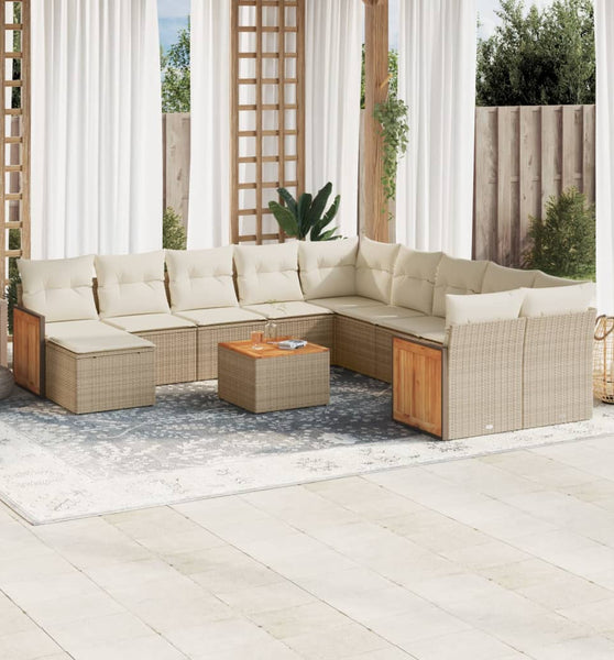 12-tlg. Garten-Sofagarnitur mit Kissen Beige Poly Rattan