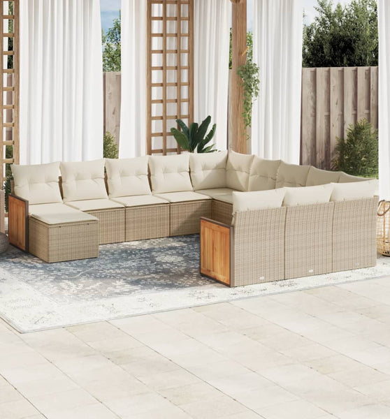 12-tlg. Garten-Sofagarnitur mit Kissen Beige Poly Rattan