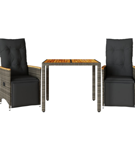 3-tlg. Garten-Bistro-Set mit Kissen Grau Poly Rattan