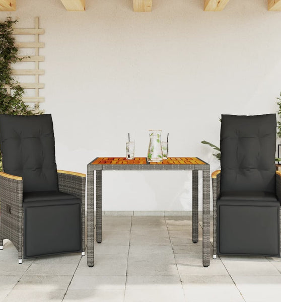 3-tlg. Garten-Bistro-Set mit Kissen Grau Poly Rattan