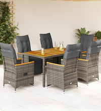 7-tlg. Garten-Bistro-Set mit Kissen Grau Poly Rattan