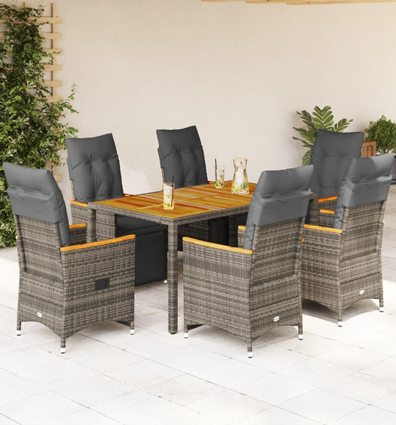 7-tlg. Garten-Bistro-Set mit Kissen Grau Poly Rattan
