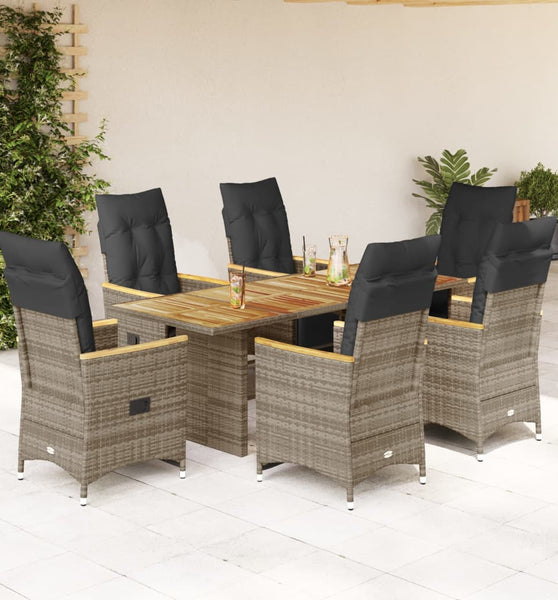 7-tlg. Garten-Bistro-Set mit Kissen Grau Poly Rattan
