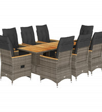 9-tlg. Garten-Bistro-Set mit Kissen Grau Poly Rattan