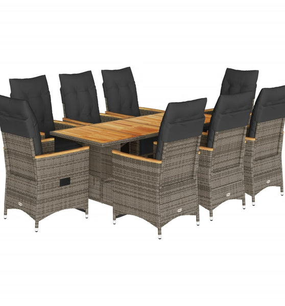 9-tlg. Garten-Bistro-Set mit Kissen Grau Poly Rattan
