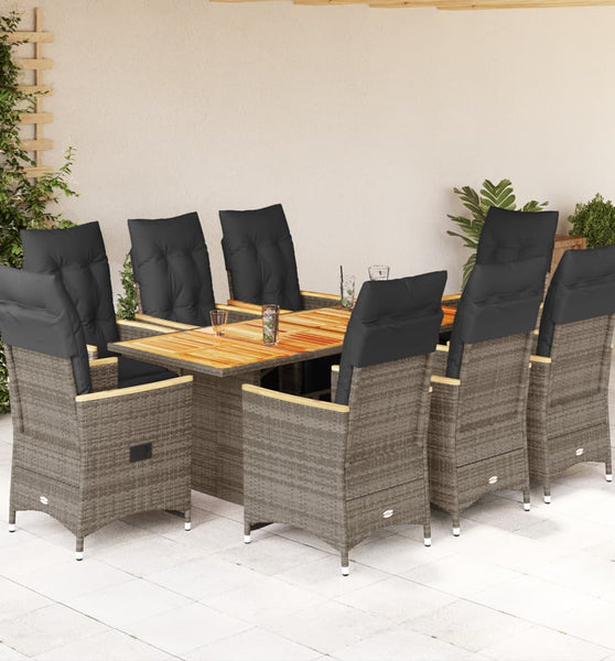 9-tlg. Garten-Bistro-Set mit Kissen Grau Poly Rattan