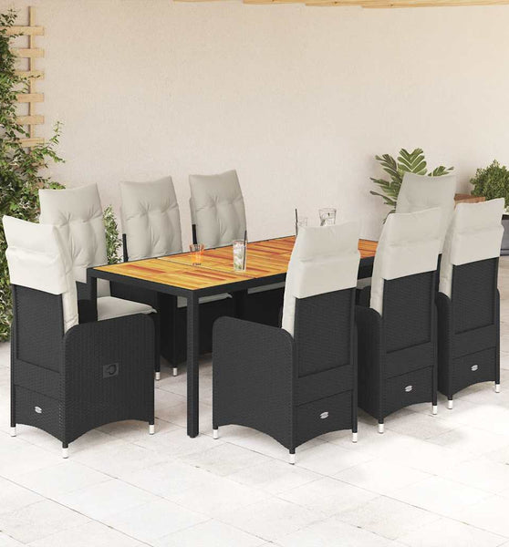9-tlg. Garten-Bistro-Set mit Kissen Schwarz Poly Rattan