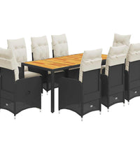 9-tlg. Garten-Bistro-Set mit Kissen Schwarz Poly Rattan