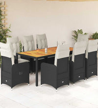 9-tlg. Garten-Bistro-Set mit Kissen Schwarz Poly Rattan