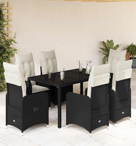 7-tlg. Garten-Bistro-Set mit Kissen Schwarz Poly Rattan