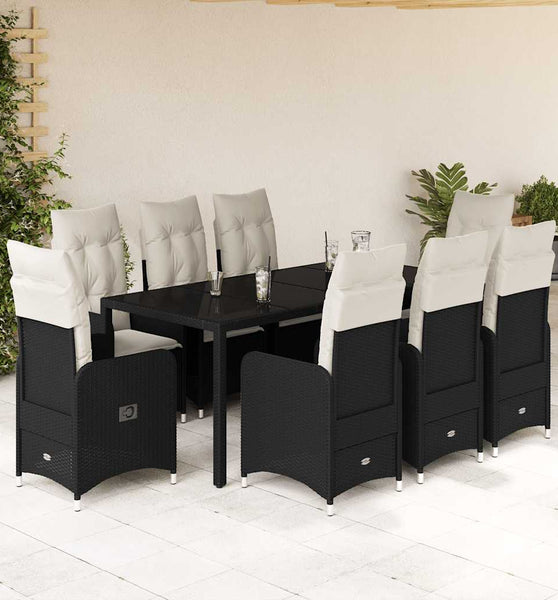 9-tlg. Garten-Bistro-Set mit Kissen Schwarz Poly Rattan