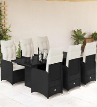 7-tlg. Garten-Bistro-Set mit Kissen Schwarz Poly Rattan