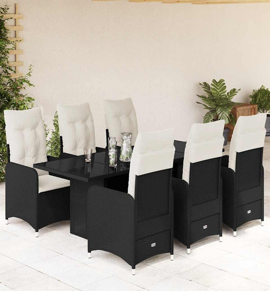 7-tlg. Garten-Bistro-Set mit Kissen Schwarz Poly Rattan