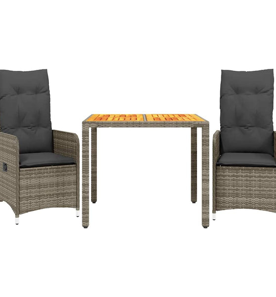 3-tlg. Garten-Bistro-Set mit Kissen Grau Poly Rattan