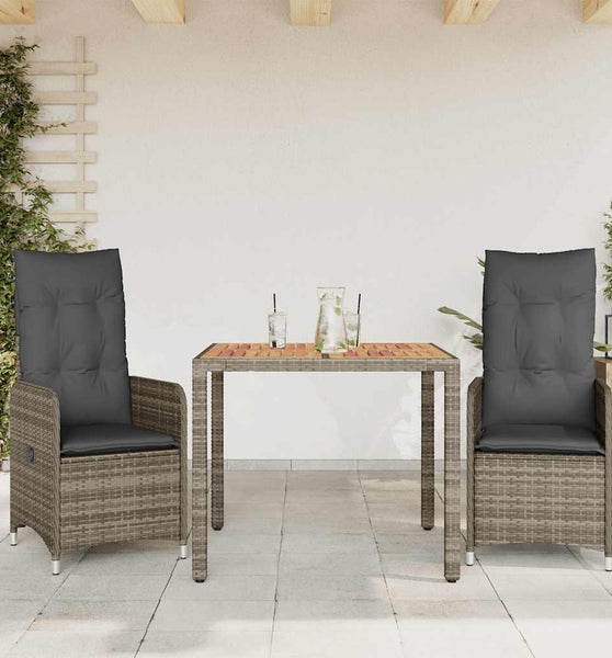 3-tlg. Garten-Bistro-Set mit Kissen Grau Poly Rattan