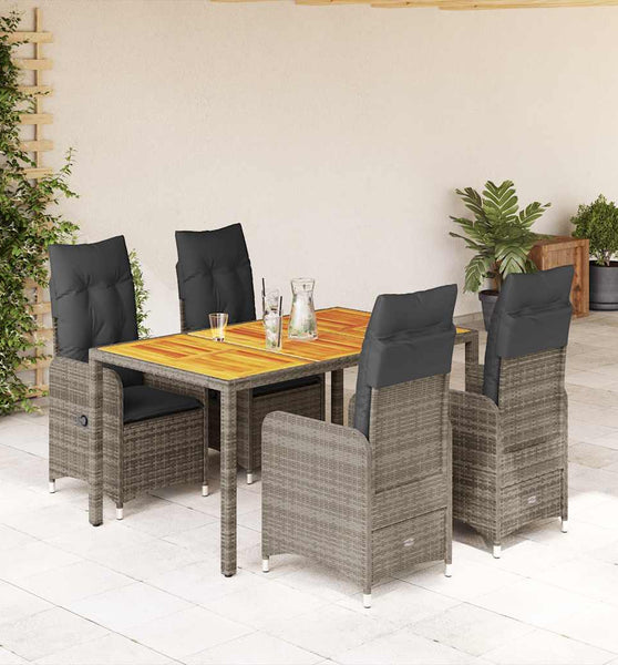 5-tlg. Garten-Bistro-Set mit Kissen Grau Poly Rattan