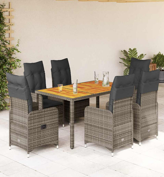 7-tlg. Garten-Bistro-Set mit Kissen Grau Poly Rattan