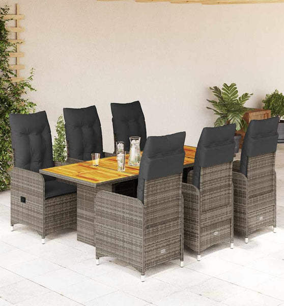 7-tlg. Garten-Bistro-Set mit Kissen Grau Poly Rattan