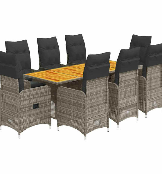 9-tlg. Garten-Bistro-Set mit Kissen Grau Poly Rattan