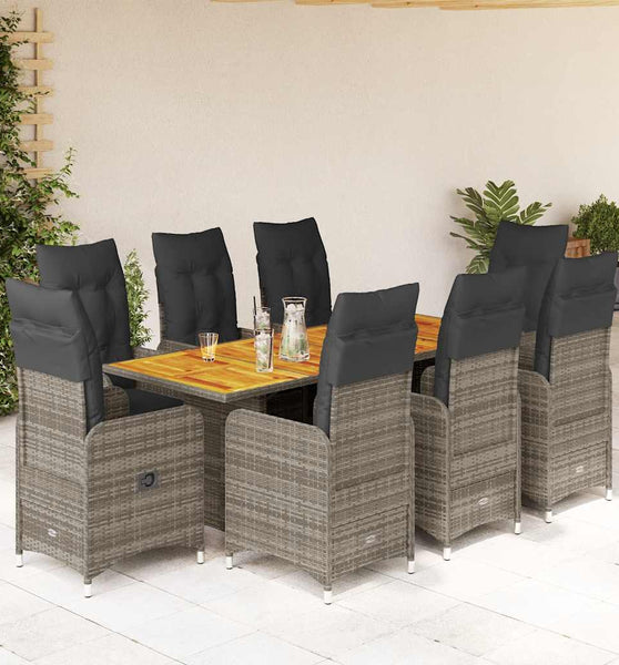 9-tlg. Garten-Bistro-Set mit Kissen Grau Poly Rattan
