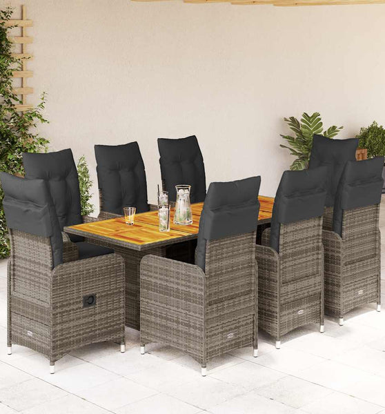 9-tlg. Garten-Bistro-Set mit Kissen Grau Poly Rattan