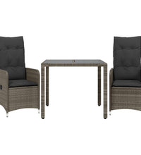 3-tlg. Garten-Bistro-Set mit Kissen Grau Poly Rattan