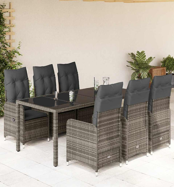 7-tlg. Garten-Bistro-Set mit Kissen Grau Poly Rattan