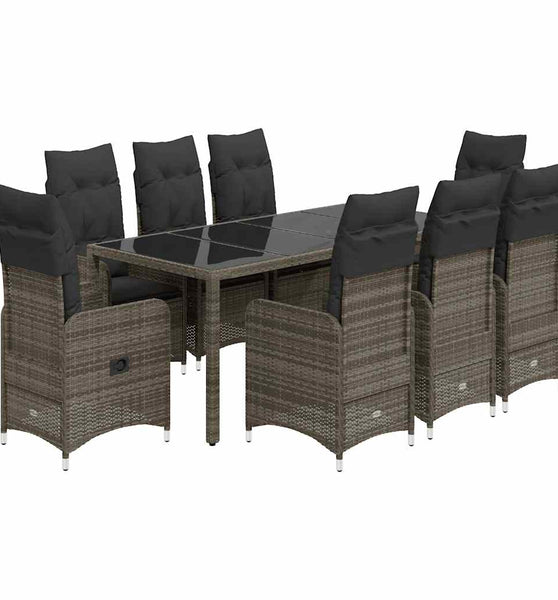 9-tlg. Garten-Bistro-Set mit Kissen Grau Poly Rattan