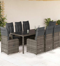 9-tlg. Garten-Bistro-Set mit Kissen Grau Poly Rattan
