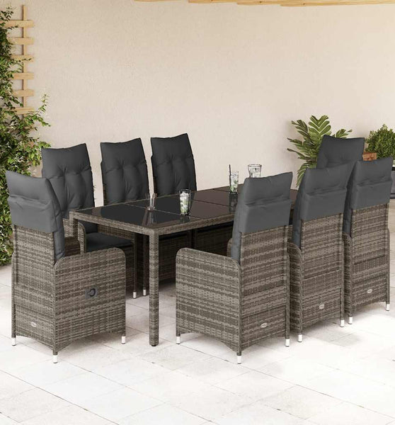 9-tlg. Garten-Bistro-Set mit Kissen Grau Poly Rattan